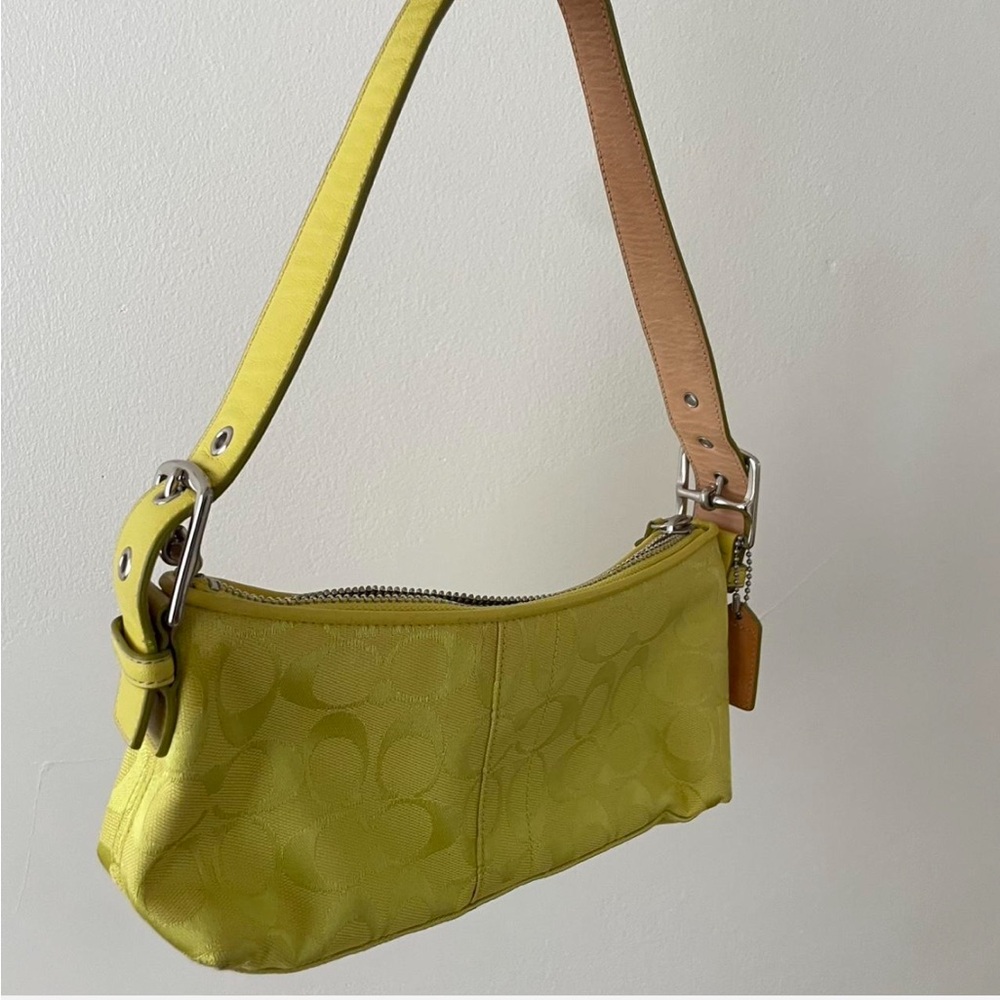 Coach Yellow Green Signature Jacquard Shoulder Bag with Leather Trim - Picture 2 of 8